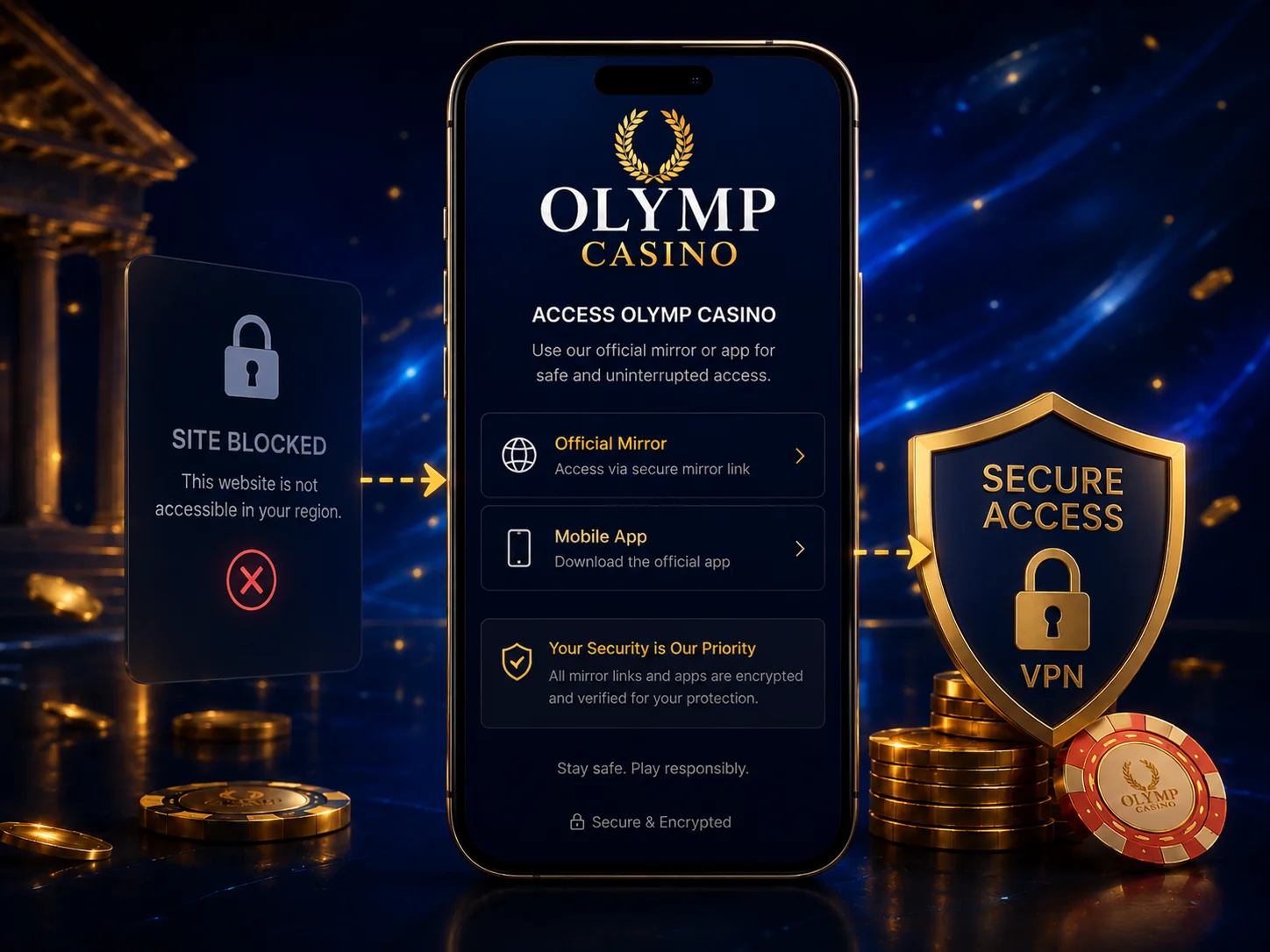 Olymp mirror domain and app icon on a phone illustrating how to regain access when the main site is blocked in Bangladesh