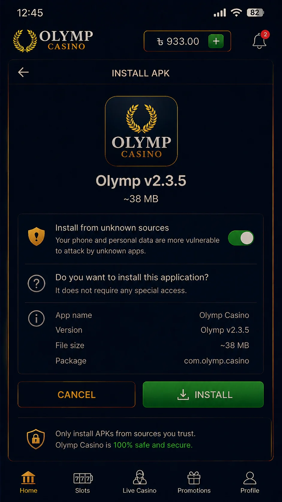 Olymp Android APK install screen showing version 2.3.5 and about 38 MB outside Google Play