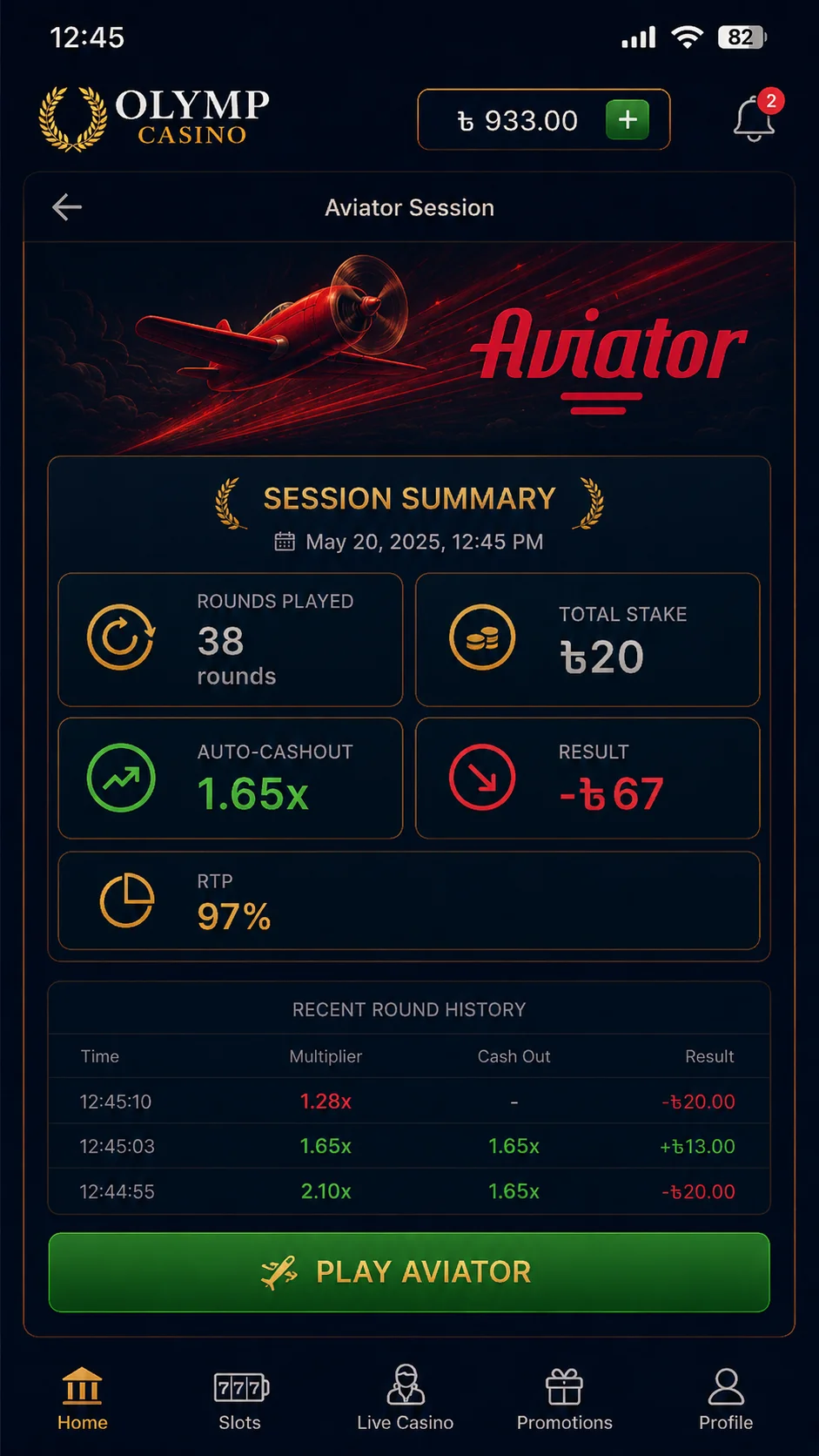Olymp Aviator session summary showing 38 rounds at Tk 20 and a net result of minus Tk 67