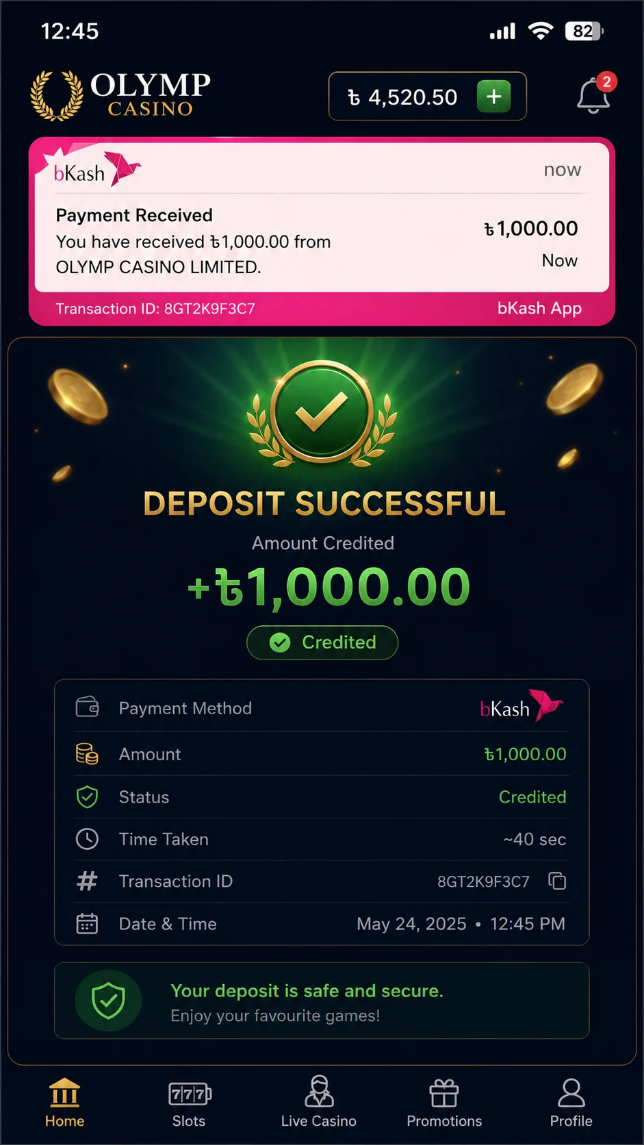 bKash deposit of Tk 1,000 credited to an Olymp account in about 40 seconds