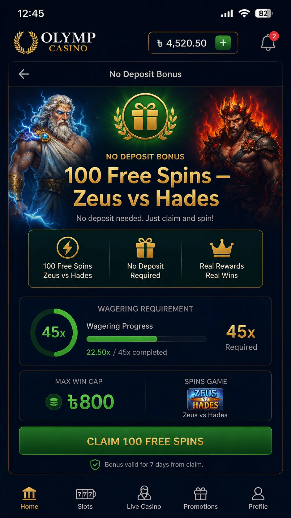 Olymp 100 free spins no-deposit screen on Zeus vs Hades showing 45x wagering and Tk 800 cap