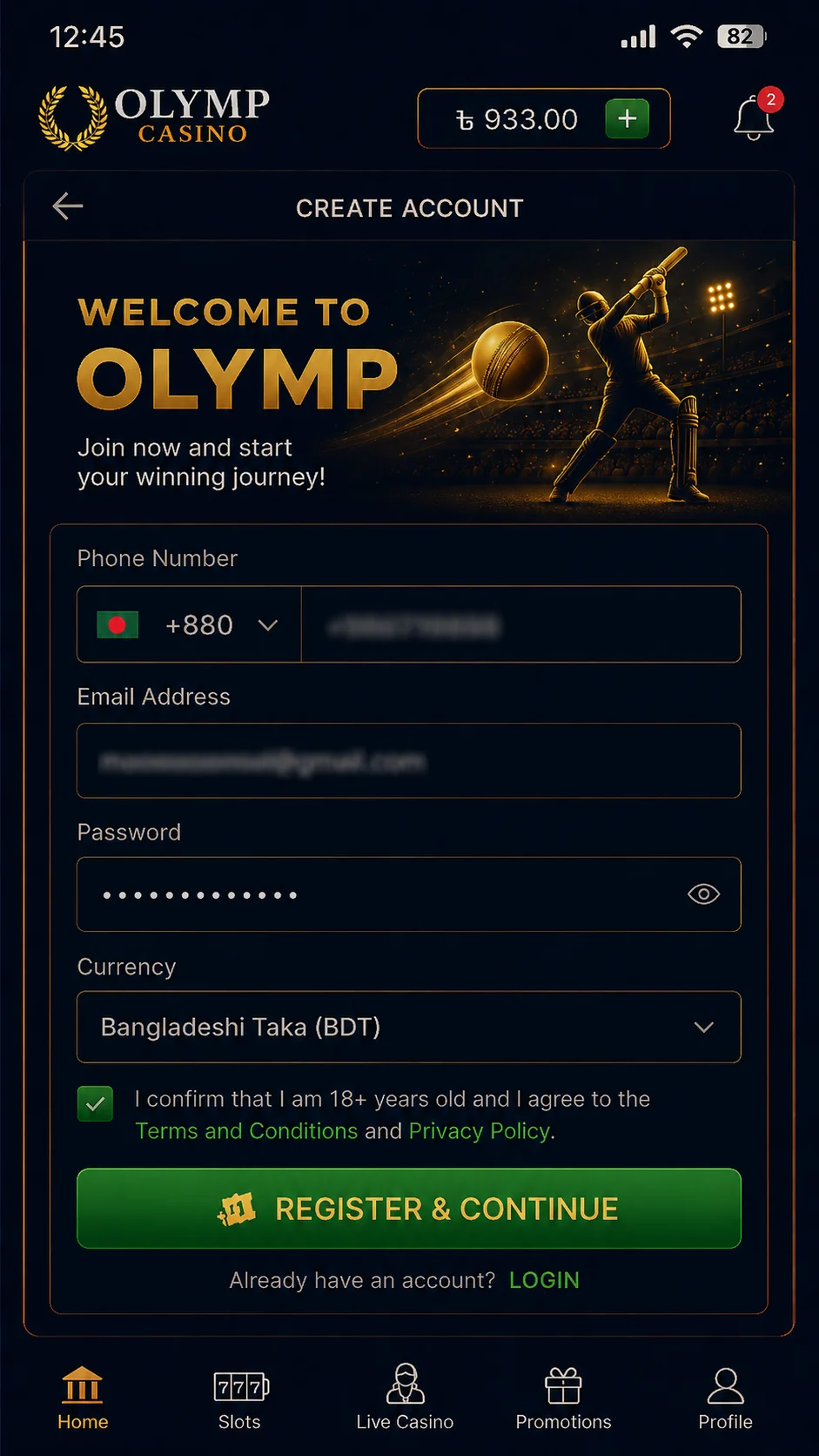 Olymp mobile sign up screen on a phone showing the +880 number field, password and BDT currency option